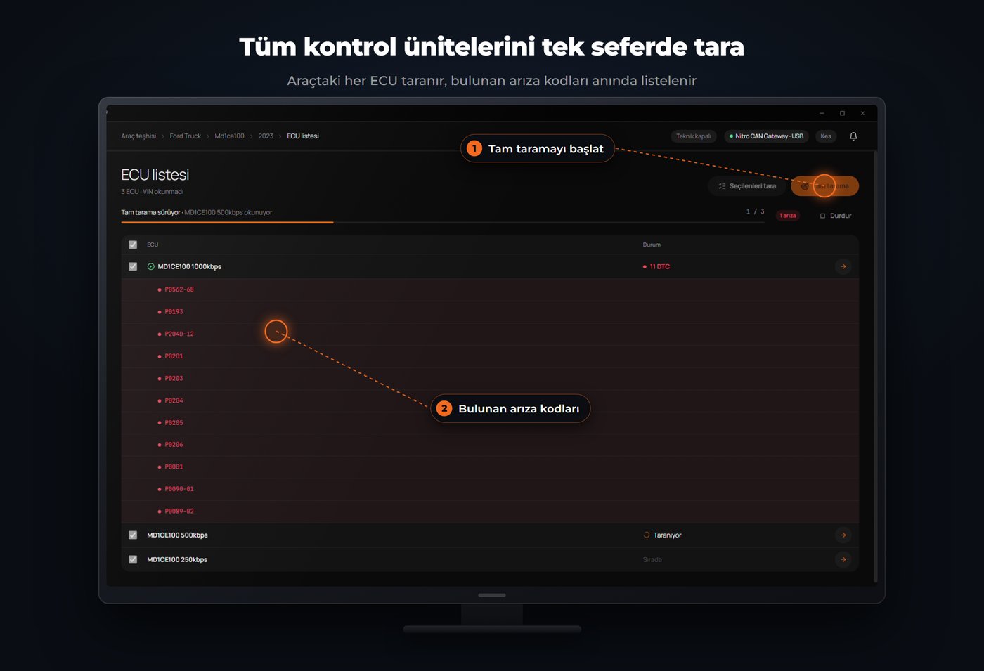 Tüm kontrol ünitelerini tek seferde tara