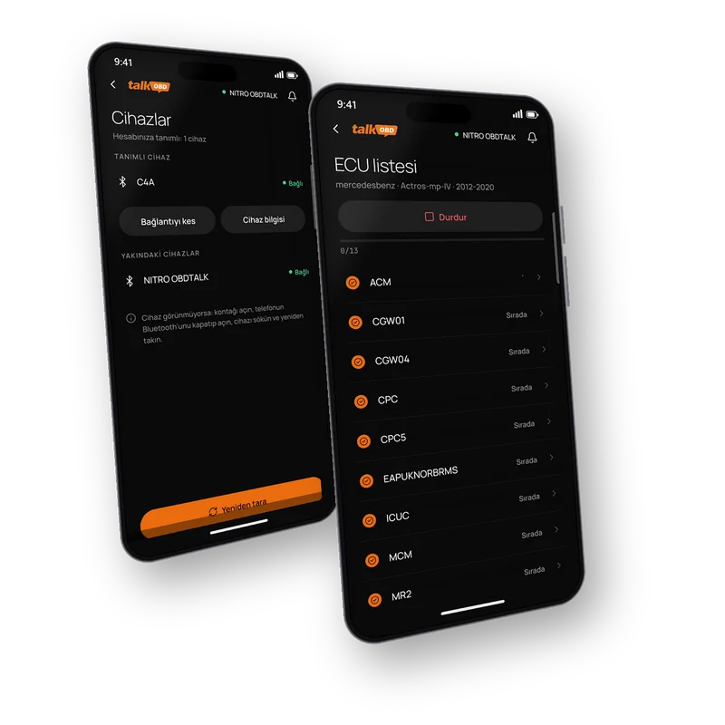 OBDTalk uygulaması: bağlı cihaz ve ECU taraması
