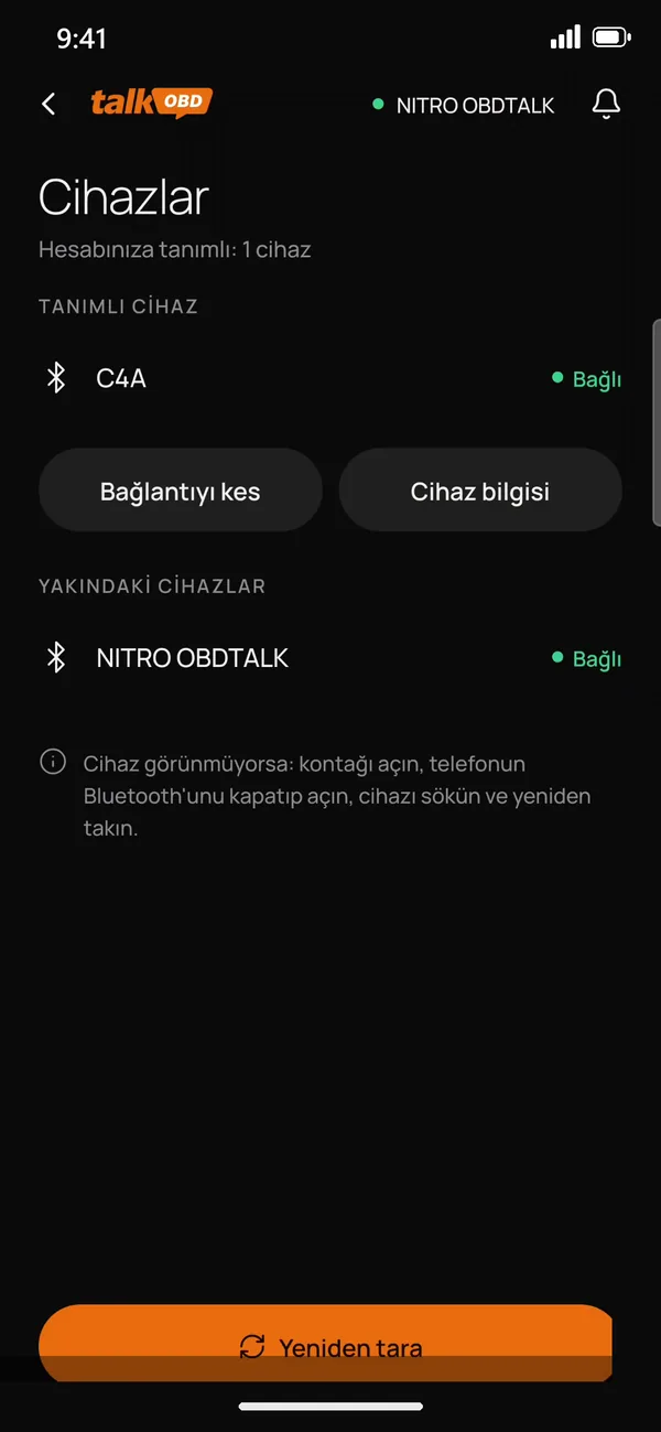 Cihazlar ekranı: tanımlı cihaz Bluetooth ile bağlı