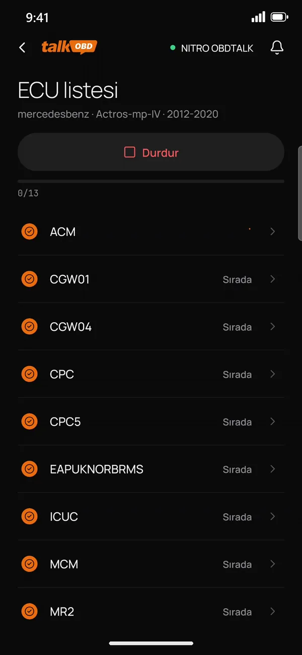 ECU listesi: kontrol üniteleri taranıyor