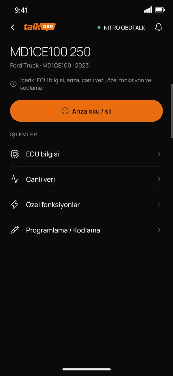ECU ekranı: Arıza oku / sil düğmesi ve işlemler