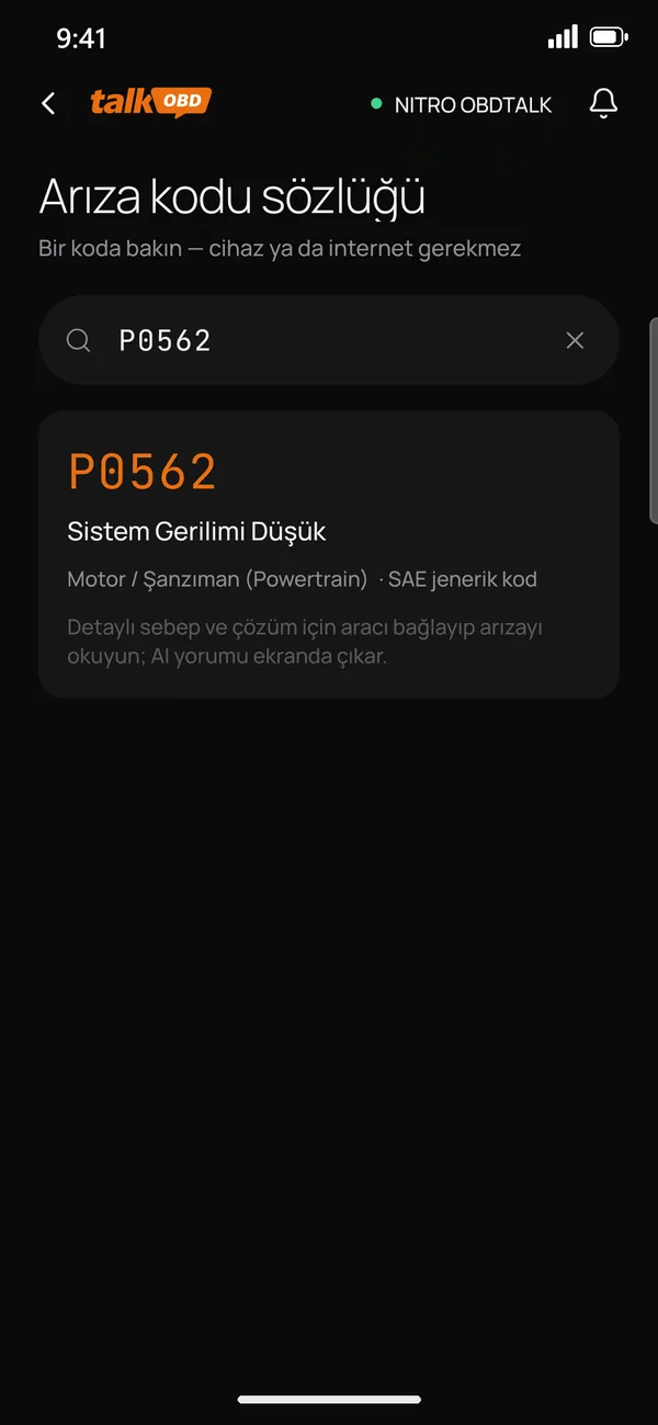 Arıza kodu sözlüğü: P0562 Sistem Gerilimi Düşük