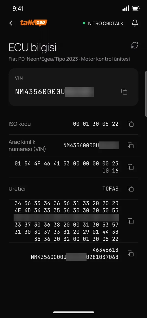 ECU bilgisi ekranı: VIN, ISO kodu ve üretici bilgileri