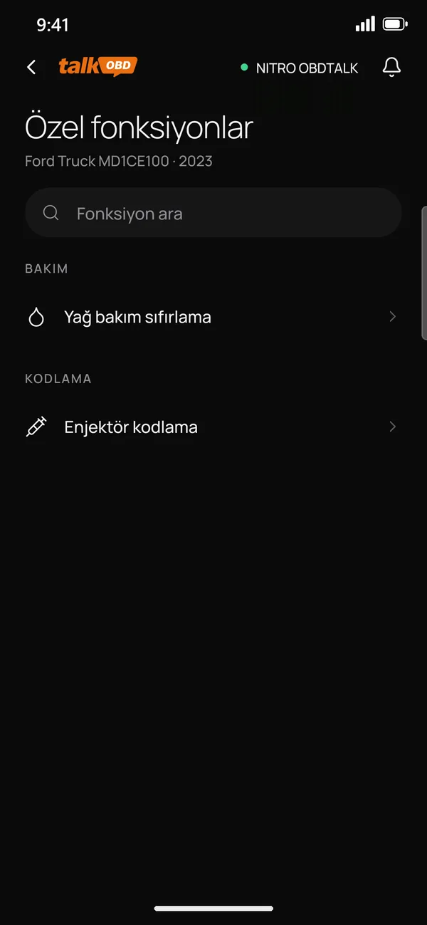 Özel fonksiyonlar ekranı: yağ bakım sıfırlama ve enjektör kodlama